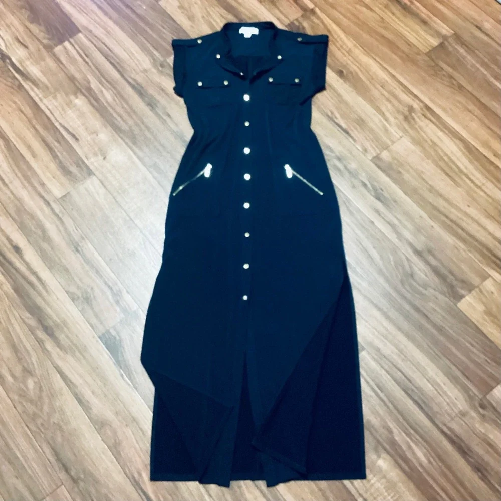 Michael Kors Navy Blue Maxi Shirt Dress Gold Hardware Slit Short Sleeve M